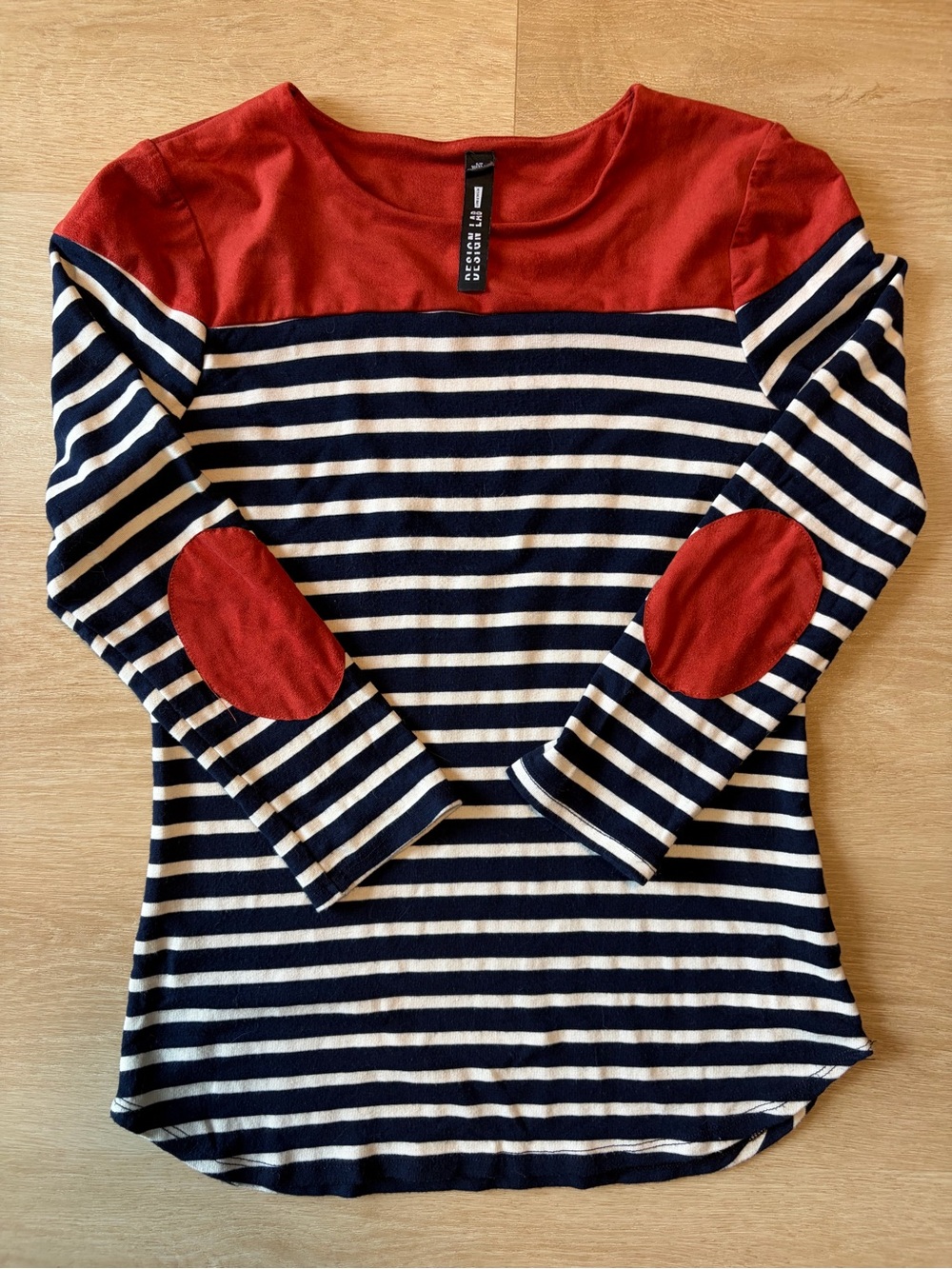 Design Lab Lord & Taylor Striped 3/4 Sleeve Elbow Patch Top S